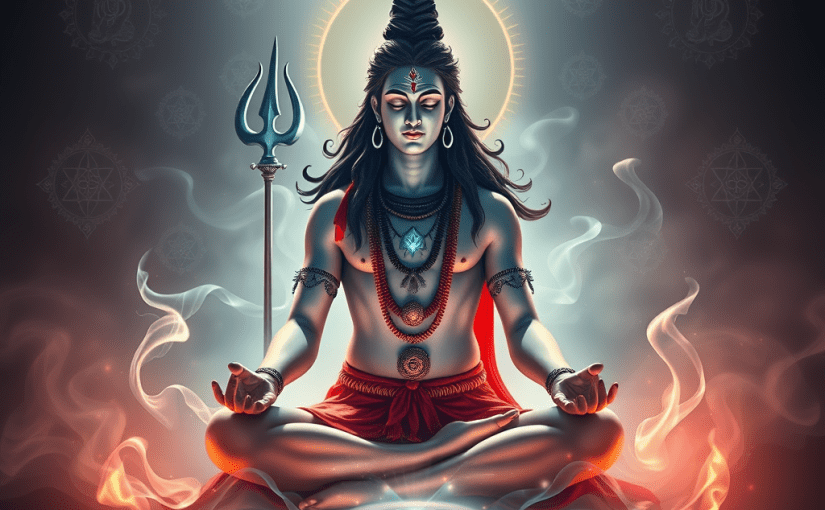 a featured image that visually represents the essence of Sanatana Dharma, focusing on a serene and meditative figure embodying the qualities of Lord Shiva. Include symbolic elements like a cosmic dance, flowing energies, and ethereal representations of divine attributes. The light should be soft and glowing, casting a tranquil ambiance that enhances the spiritual theme. The background should feature subtle symbols of various deities to emphasize inclusivity and the representation of divine qualities. Ensure the image is high resolution, highly detailed, and in sharp focus for a compelling and vibrant look.