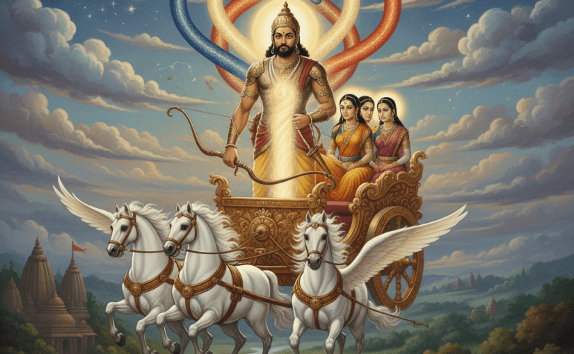 A majestic, symbolic artwork of Bhishma on a chariot abducting Amba, Ambika, and Ambalika—depicted with glowing Kundalini channels (Ida, Pingala, Sushumna) behind them. Bhishma shown as disciplined willpower, Amba highlighted with a radiant central energy column. Style: epic Indian mythological painting mixed with spiritual energy visualization, detailed, serene, dramatic lighting.