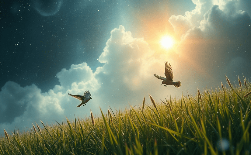 visually stunning and highly detailed featured image for a blog post titled "The Place of Creation." The image should depict a vast cosmic field, filled with ethereal clouds of particles resembling a mist, symbolizing the dawn of the universe. Incorporate a sense of movement as birds gracefully descend on blades of grass, illustrating choices akin to particles collapsing into definite positions. Capture the delicate interplay of light, with soft, ambient glows highlighting the particles and birds, evoking a serene yet dynamic atmosphere. The style should blend realism with a hint of abstraction to reflect the quantum nature of existence. Ensure the image is high resolution with sharp focus, showcasing intricate details in both the cosmic background and the soft dew on the grass.