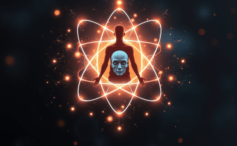 a highly detailed, sharp-focused image that visually represents the concept of "Quantum Darshan," blending elements of quantum physics and spirituality. The main subject should be a holographic depiction of an atom, intertwined with a human silhouette that embodies non-duality. Use ethereal, soft lighting to evoke a sense of interconnectedness, with glowing particles surrounding the atom highlighting the merging of science and consciousness. The style should be abstract yet thought-provoking, illustrating the harmony between modern physics and ancient wisdom. Ensure the image is in high resolution to capture intricate details and textures.