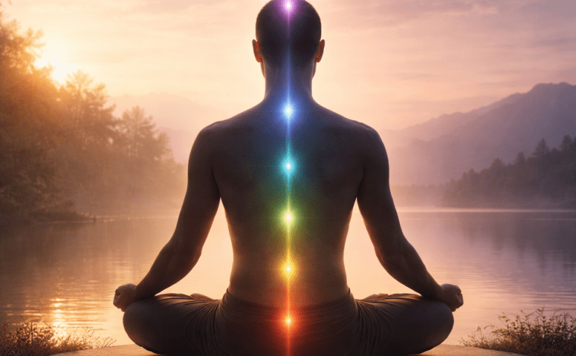 A calm human silhouette seated in meditation, with a soft vertical line of light running from head to base, subtle chakras connected like a single thread, morning light on one side and evening dusk on the other, minimalistic, serene, realistic, non-mystical, modern spiritual aesthetic