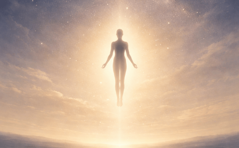 A serene, minimal spiritual illustration showing a human silhouette suspended gently between earth and sky, held in soft luminous light; above, a calm star-filled cosmos; below, a faint grounded horizon; subtle golden and indigo tones; no religious symbols; atmosphere of compassion, suspension, and quiet ripening; modern, contemplative, non-dramatic; suitable for a spiritual philosophy blog.