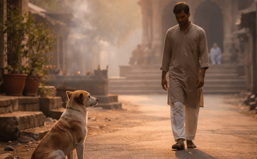 Early morning Indian street scene at dawn, soft golden light; a calm human figure walking slowly with relaxed posture, chin slightly tucked, eyes soft; a stray dog sitting nearby peacefully, alert but not aggressive; temple in background with subtle yoga atmosphere; no text, no religious symbols emphasized; realistic, documentary-style photography; mood of quiet awareness, safety, coexistence, and nondual presence; natural colors, cinematic depth of field.