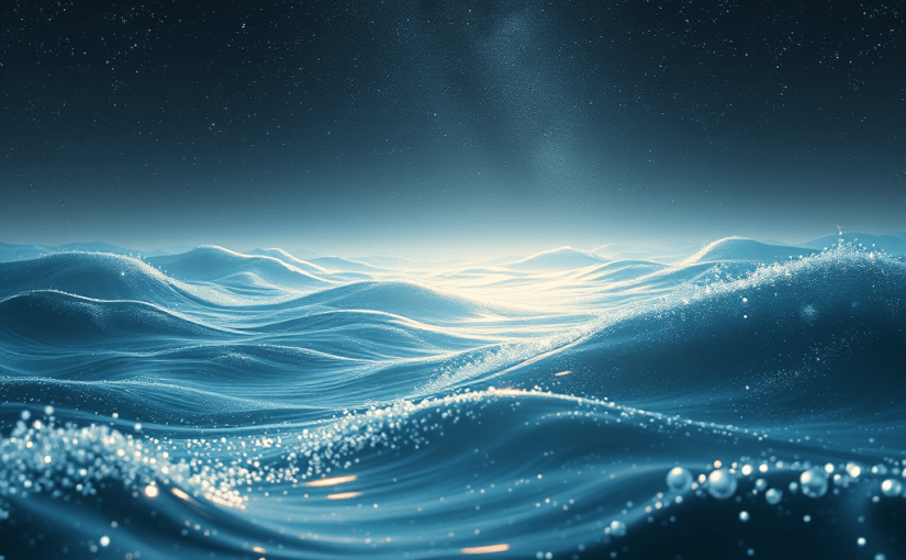 a highly detailed, high-resolution image that visually represents the concept of a "restless vacuum" as described in the blog post on quantum physics. The image should depict a cosmic scene resembling an ocean teeming with invisible ripples and energy fluctuations, set against a starry night sky. Use soft, ethereal light to create a sense of depth and movement, highlighting the dynamic nature of the vacuum. Incorporate elements of subtle waves and cosmic distortions to symbolize the seeds of galaxies and the concept of cosmic inflation. Ensure the focus is sharp to capture the intricacies of this profound subject.