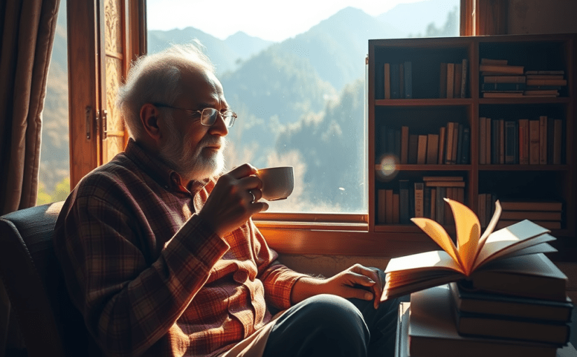 a captivating featured image for a blog post titled "ईशान शर्मा की अद्भुत यात्रा: गुरु की खोज." The image should prominently feature 52-year-old Eshan Sharma sitting by a sunlit window in the serene Himalayan hills, sipping tea next to an old wooden bookshelf. Capture the gentle breeze that seems to flutter the pages of a book in the background, symbolizing stories waiting to be told. The lighting should be warm and inviting, highlighting the tranquility of the setting. Aim for a high-resolution, highly detailed image with sharp focus, reflecting the emotional depth and spiritual essence of this journey.