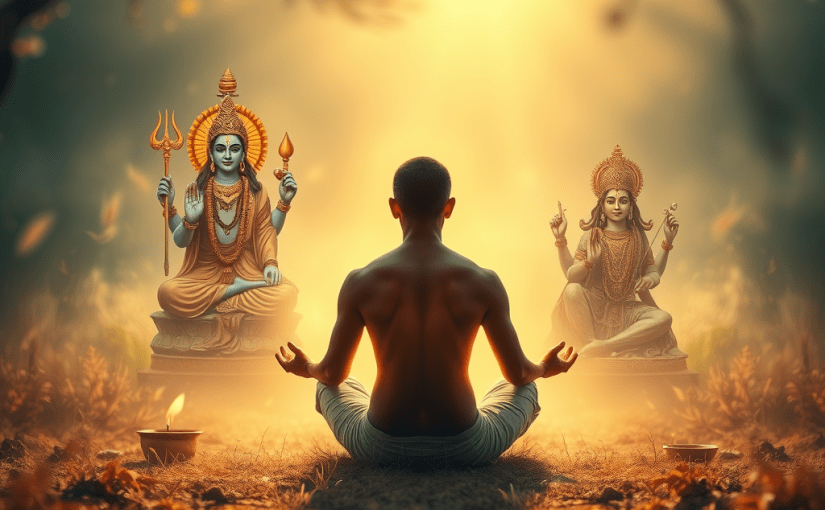 a highly detailed and sharp focus image that captures the essence of "सनातन धर्म" as a living experience. The main subject should depict a serene figure meditating in nature, surrounded by symbols of Krishna, Shiva, Devi Durga, and Ram, illustrating the deep spiritual connection within various cultures and epochs. The light should be warm and inviting, evoking a sense of peace and inner balance. The style should blend traditional Indian artistic elements with a modern, ethereal feel, emphasizing clarity and vibrancy in colors. Please ensure the image is in high resolution for maximum impact.