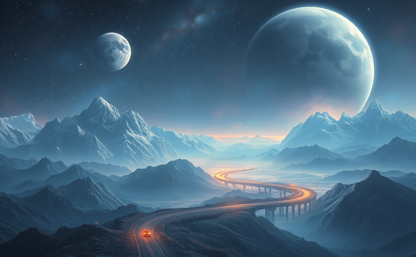 a highly detailed image for the blog post titled "चंद्र सभ्यताओं की खोज: जीवन और चेतना की यात्रा." The main subject should be a cosmic landscape, showcasing a mystical connection between Earth and lunar civilizations. Include elements like winding roads that transform into star trails and majestic mountains resembling planets. The scene should be bathed in ethereal light, with a dreamy, vibrant twilight ambiance. Ensure the image captures the essence of exploration, wonder, and cosmic consciousness. Request a high-resolution output with sharp focus to highlight all intricate details.