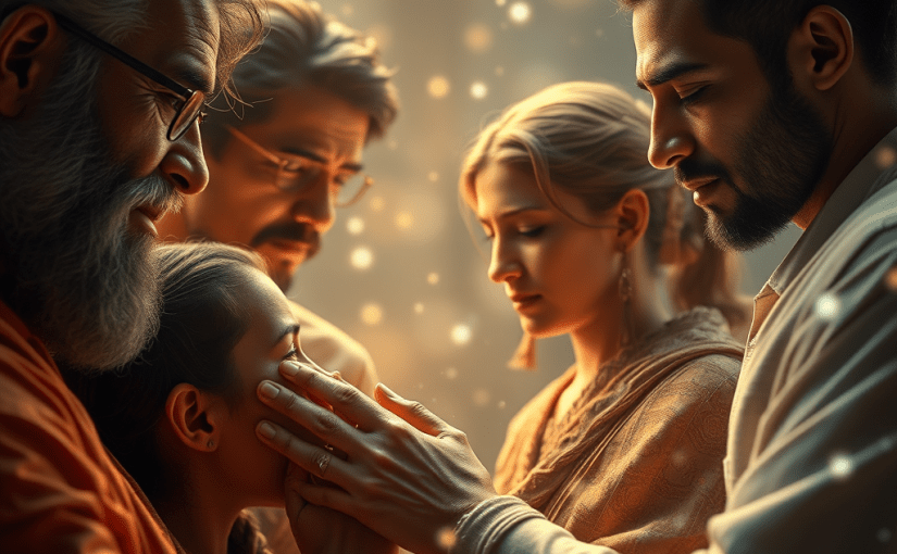 a highly detailed, high-resolution image that visually represents the concept of "Karuṇa Rasa" in a quantum context. The main focus should be a symbolic depiction of interconnectedness and compassion among diverse human figures, demonstrating their emotional entanglement. Use soft, ambient lighting that highlights their expressions of empathy and sorrow, conveying a sense of cosmic sensitivity. Incorporate subtle quantum motifs, such as entangled particles or wave patterns, weaving through and around the figures to illustrate the non-local resonance of compassion. Aim for sharp focus and intricate details to evoke the depth of feeling and the shared field of suffering among all beings.