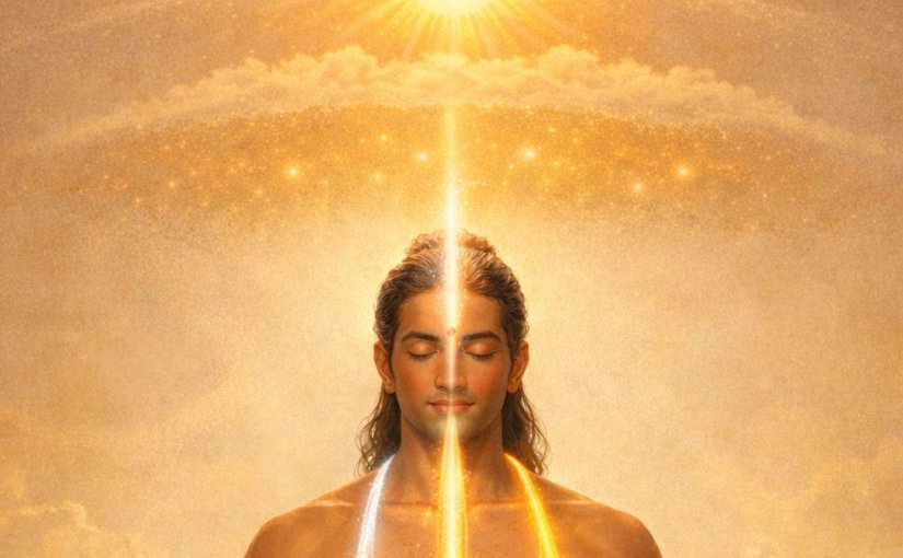 ध्यान में बैठे एक शांत योगी का दृश्य, जिनकी रीढ़ के बीच सुषुम्ना नाड़ी प्रकाशमान है। दोनों ओर इड़ा और पिंगला चंद्र और सूर्य की तरह बह रही हैं। सिर के ऊपर एक तेजस्वी सूर्य (सविता) तीन लोकों — भूः, भुवः और स्वः — को प्रकाशित कर रहा है। वातावरण शांत, दिव्य और सरल है, जिसमें योग और ब्रह्म चेतना का भाव है।