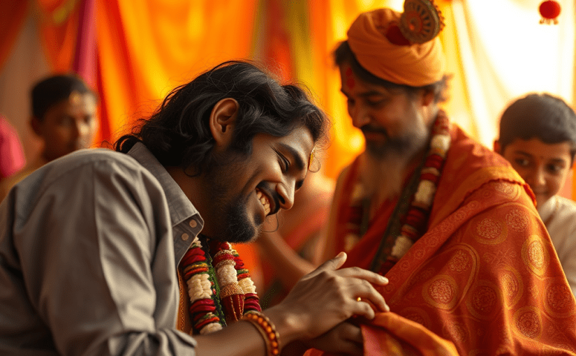 a highly detailed, high-resolution image that embodies the essence of "Sanatana Dharma – Lived Experience" with a focus on the concept of "Krishna Living." Depict a vibrant scene illustrating the interplay of life, joy, and spiritual awareness through playful interactions, relationships, and moments of beauty. Use warm, soft lighting to evoke a sense of warmth and intimacy, emphasizing the themes of love, attraction, and the subtleties of human experience. Ensure sharp focus on key elements that illustrate the journey of consciousness evolving through ordinary life, highlighting the transformative power of play and emotional intensity.