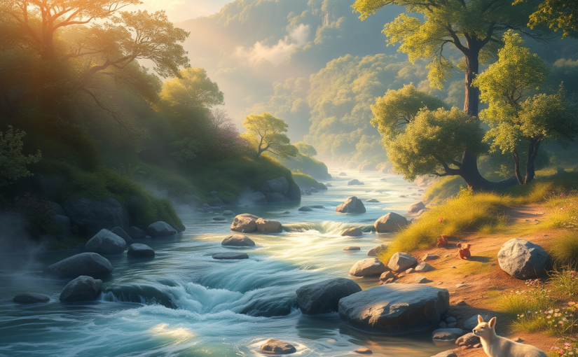 a highly detailed, high-resolution image that encapsulates the essence of "Krishna Living: When Play, Love, and Life Become Yoga." The main subject should be a serene river flowing through a lush landscape, symbolizing the journey of life—playful yet forceful. Soft, warm light should illuminate the scene, highlighting the gentle movements of water and reflecting the tranquility of the surroundings. Include elements representing childhood playfulness, such as scattered toys and playful animals near the riverbank, to convey the spirit of mischief and curiosity. The overall style should be vibrant and inviting, with a sharp focus on all details to evoke the depth and richness of this narrative.