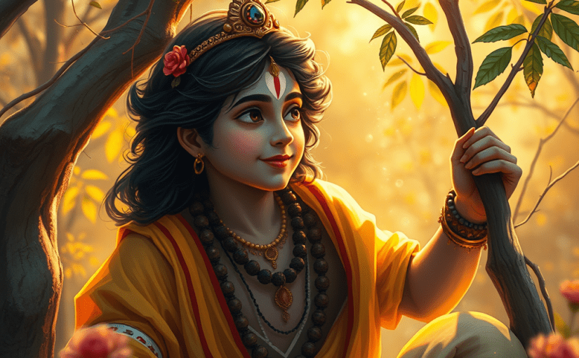a highly detailed, sharp-focused featured image illustrating the essence of Krishna's life as a blend of devotion and awareness. Depict a serene scene of Krishna in playful youth surrounded by nature, symbolizing the experiences of love and awakening. Utilize soft, golden light to create a warm and inviting atmosphere, emphasizing the joy and spontaneity of life. The style should reflect an artistic interpretation, combining traditional elements with a contemporary feel, capturing the vibrancy and depth of Krishna's teachings. Ensure the image is in high resolution for clarity.