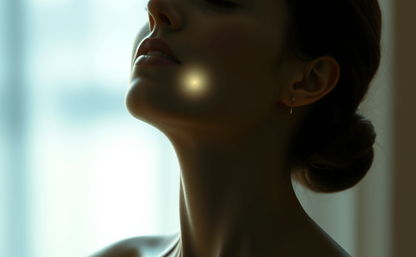 a highly detailed and sharp-focused image depicting the concept of inner throat awareness in yoga and meditation. Incorporate a serene figure in a meditative pose, illustrating a symbolic representation of throat energy flow with subtle visual effects. The background should be a tranquil, softly lit space that evokes calmness, featuring gentle shades of blue and green to symbolize clarity and balance. Emphasize the throat area with a faint glow or aura to highlight the newfound awareness and connection. Use high resolution to capture every intricate detail, ensuring a sense of depth and tranquility in the composition.