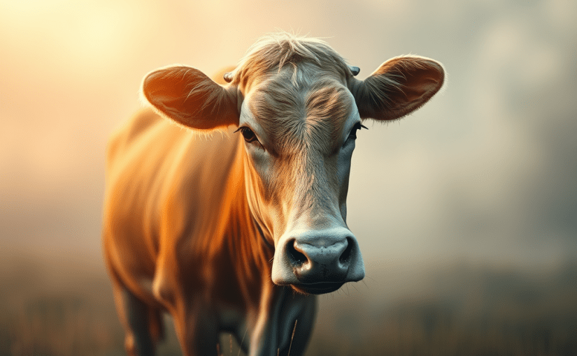 The Cowherd Metaphor in Ancient Scriptures." The main subject should be a serene cow symbolically representing inner senses and awareness, positioned inside a tranquil, softly-lit environment to convey a sense of peace and introspection. Use warm, golden light filtering through a gentle mist to create an ethereal atmosphere. The style should be a blend of realism and subtle surrealism, emphasizing clarity and liberation. Please ensure the image is high resolution, highly detailed, and sharp in focus for impactful visual representation.