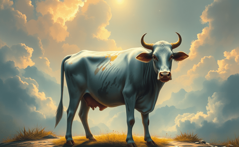 highly detailed image featuring an abstract representation of the concept of "भीतर की गाय," symbolizing the inner senses and awareness. The image should depict a serene landscape with a gentle, mystical cow symbolizing deeper understanding and balance amidst chaos. Use soft, ethereal lighting to convey a sense of tranquility and enlightenment. The style should blend traditional Indian art with modern surrealism, focusing on vivid colors and intricate details that highlight the essence of spiritual exploration and self-realization. Ensure sharp focus to capture the beauty of the scene.