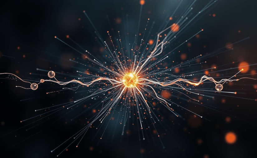 sharp focus image illustrating the concept of **Bhayānaka Rasa** in a quantum context. Center the image around a dynamic representation of quantum particles interacting and creating disturbances, echoing the idea of fear-producing resonance. Incorporate abstract elements that evoke tension—such as dark swirling colors or fragmented light beams—to symbolize the psychological aspects of fear and instability. The background should blend a dark, moody atmosphere with hints of ethereal light to convey both psychological depth and scientific intrigue. Use high resolution for a vivid, immersive effect, making sure to capture intricate details and textures in the particles and light interactions.