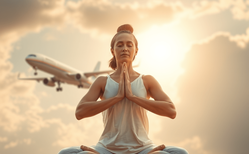 a highly detailed, high-resolution image illustrating the concept of the perception of time as an illusion. The main subject should be a serene individual practicing yoga in a tranquil environment, embodying timelessness amidst motion. The background should feature blurred imagery of an aircraft soaring through the sky, symbolizing the paradox of travel and the mind's perception of time. Use soft, golden sunlight filtering through clouds to create a dreamy, ethereal atmosphere, enhancing the sense of awareness and calm. Ensure the image is in sharp focus, accentuating the yogi's peaceful expression and the contrasting dynamic background, to visually represent the struggle between movement and the experience of timelessness.