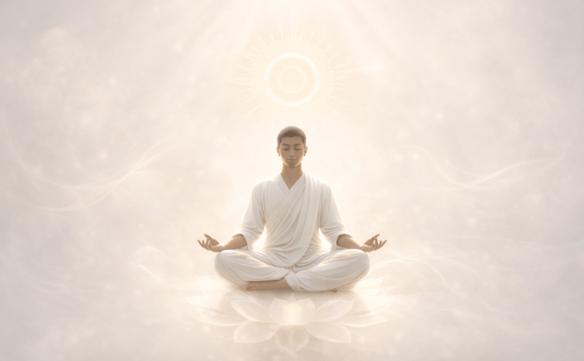 Male yogi in deep meditation seated in lotus posture with a subtle halo above the head, representing inner consciousness and dhyana."