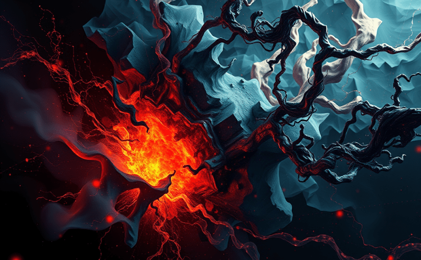 sharp-focused featured image depicting a metaphorical representation of Bībhatsa Rasa as it relates to the quantum world. The central subject should illustrate a deep sense of horrifying disgust and extreme repulsion, using abstract elements such as distorted shapes or dark, swirling colors to symbolize energetic disturbance and moral decay. Incorporate visual metaphors of unstable quantum states, like particles forcefully repelling from an ominous energy field. Utilize dramatic lighting to evoke feelings of shock and intensity, with high contrast between light and shadow. The final image should be high resolution, effectively capturing the intricate details of the depicted concepts.