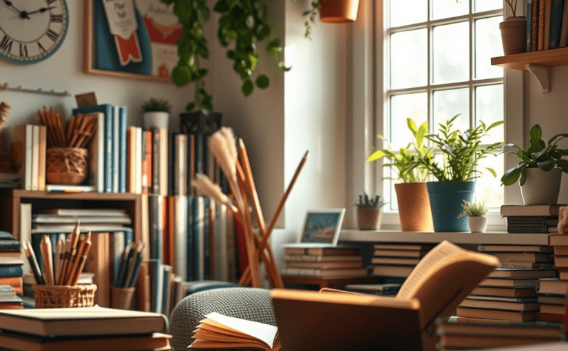 high-resolution featured image for a blog post titled "Book Catalogue and the Quiet Role of Hobbies in Stabilizing the Mind." The main subject should depict a serene scene of an individual engaged in a hobby, such as reading surrounded by a vibrant book collection. Use warm, soft natural light filtering through a window, highlighting the peaceful atmosphere. The background should include elements like art supplies, plants, and a cozy nook that evoke a sense of comfort and creativity. Ensure the focus is sharp, capturing the tranquil expression of the individual and the intricate details of the surrounding environment.