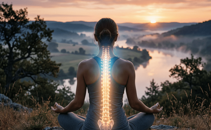 Woman sitting cross-legged meditating outdoors with glowing spinal column illustration