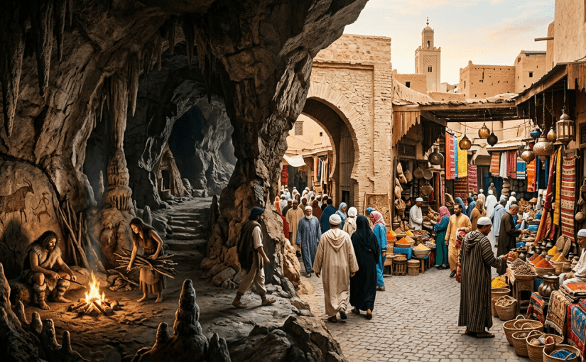 Prehistoric people around a cave fire transitioning to a crowded marketplace with vendors and shoppers in traditional attire