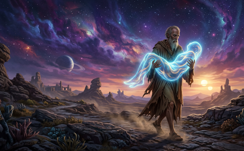 Elderly bearded man in tattered robes holding a glowing blue translucent figure in a rocky landscape