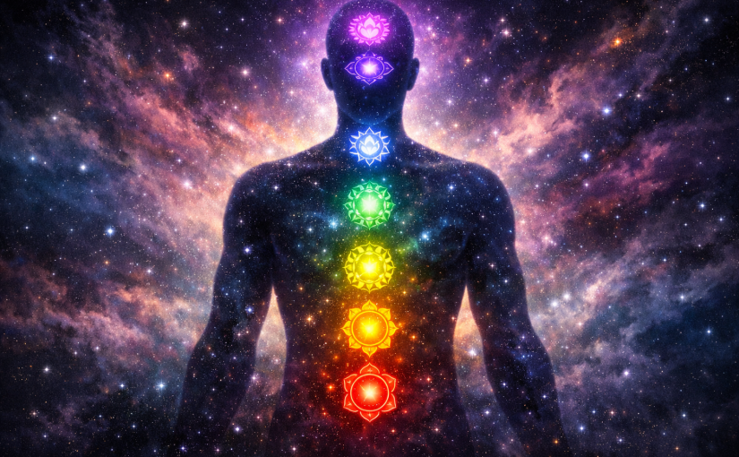 Silhouette of human body with seven colored chakra symbols aligned vertically from head to base