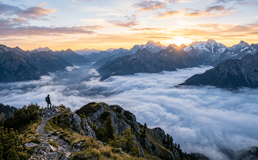 Hiker standing on rocky trail overlooking mist-filled mountain valley at sunrise
