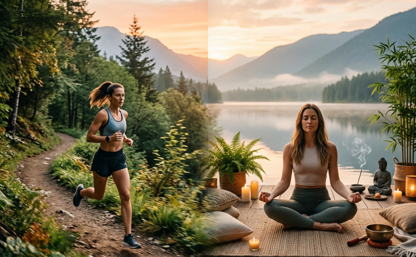 Woman running on forest trail; woman meditating outdoors by lake at sunrise