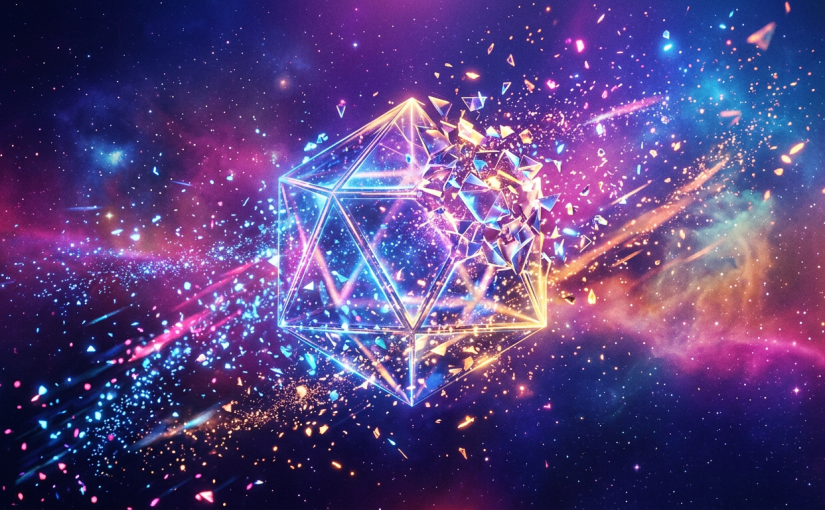 Glowing wireframe icosahedron breaking into fragments against a vibrant cosmic background