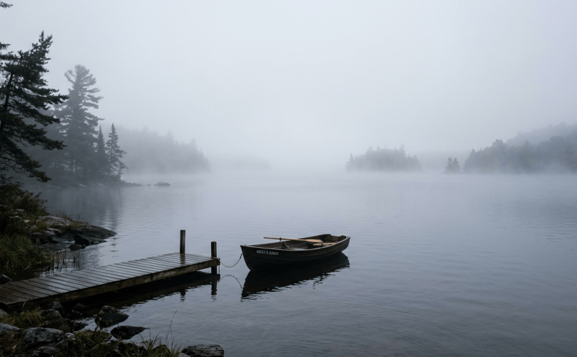 Small wooden rowboat tied to dock on foggy lake