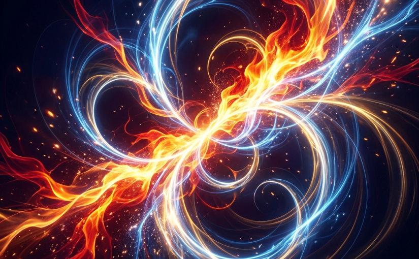 Swirling streams of bright orange and blue light intertwining against a dark background