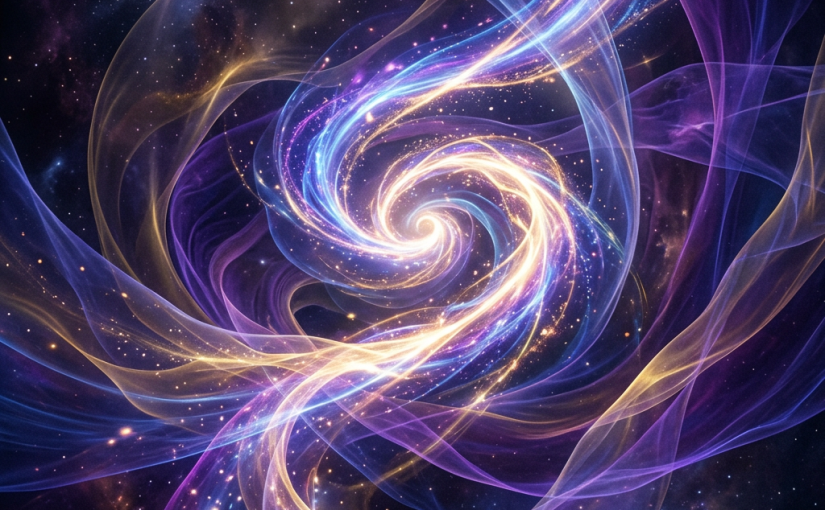 Spiral nebula with swirling ribbons of blue, purple, and golden light in deep space
