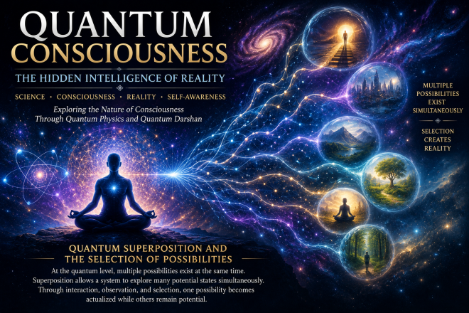 Quantum superposition visualization showing multiple possible states evolving toward a single outcome, illustrating quantum consciousness, quantum mechanics, nature of reality, adaptive processing, and the selection of possibilities in Quantum Darshan.
