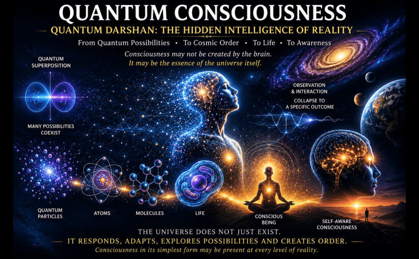 Quantum Consciousness illustration showing quantum particles, atoms, molecules, life, conscious beings, and self-aware consciousness emerging through cosmic evolution, symbolizing quantum mechanics, consciousness theory, nature of reality, and intelligent self-organization.
