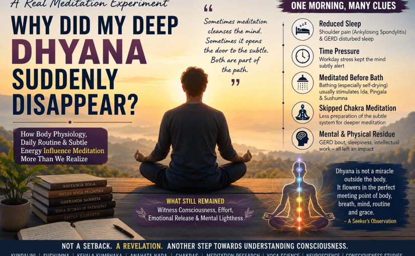 Meditation experiment showing how body physiology, sleep, GERD, ankylosing spondylitis, time pressure, chakra meditation and bathing may influence deep dhyana, sushumna flow and kevala kumbhaka.