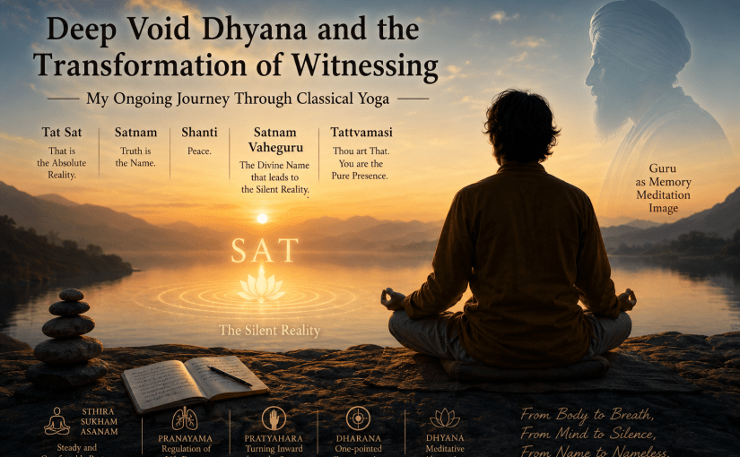 Meditator sitting in silence at sunrise symbolizing deep void dhyana, mantra meditation, witnessing awareness, and the journey from body consciousness to pure presence in classical yoga.