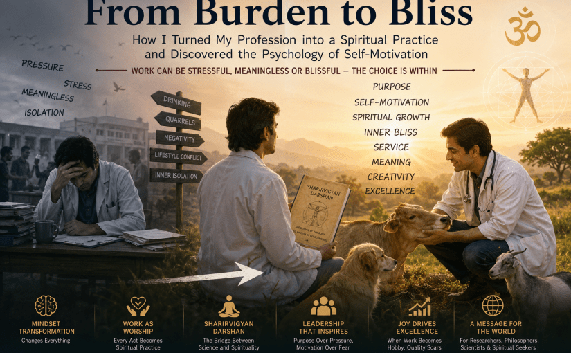 Illustration showing a veterinarian transforming from a stressed professional into a joyful, self-motivated healer through spirituality and Sharirvigyan Darshan, symbolizing the journey from burden to bliss, meaningful work, and inner growth.
