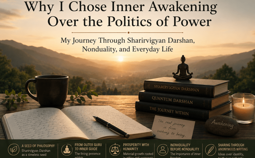 Sunrise over peaceful mountains with meditation books, an open journal, and a meditating figure symbolizing inner awakening, nonduality, and the journey beyond worldly power.