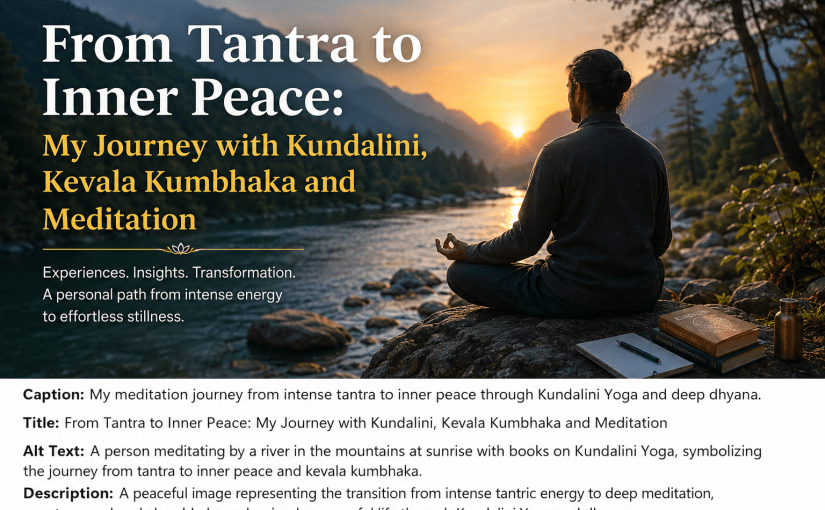 Person meditating beside a mountain river at sunrise representing Kundalini Yoga, Kevala Kumbhaka, deep dhyana, sushumna awakening, anahata nada, tantra meditation and the journey to inner peace.