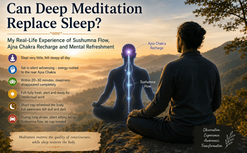 Meditator experiencing Sushumna flow and Ajna Chakra activation during deep meditation in a peaceful mountain landscape, illustrating how silent meditation may restore mental clarity, reduce sleepiness and improve awareness without an immediate nap.