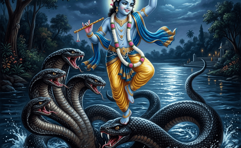 Krishna playing flute and dancing on seven-headed serpent above water at night