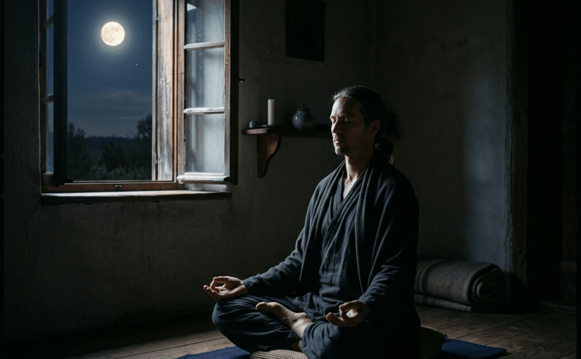 Person sitting cross-legged meditating near open window with full moon outside