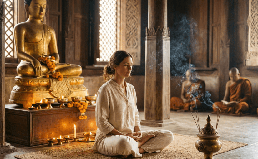Woman meditating on a mat inside a wooden Buddhist temple with a golden Buddha statue and two monks in the background
