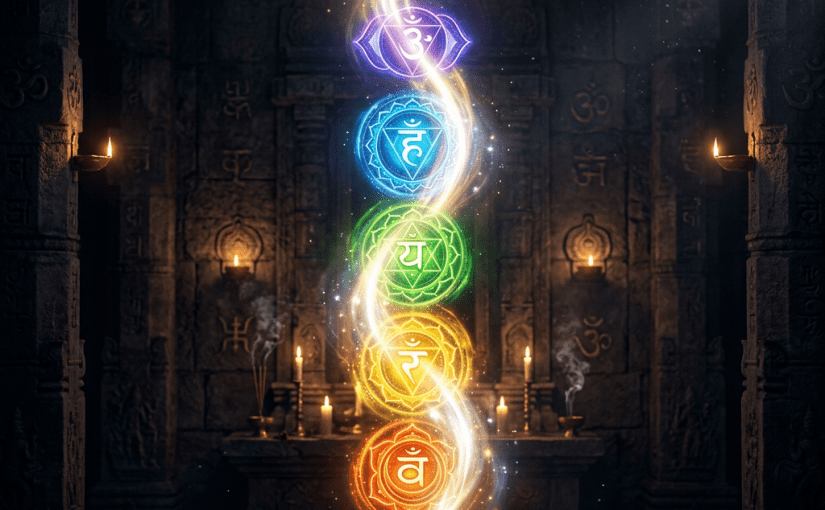 Seven vibrant chakra symbols glowing vertically with sparkling light in a dark temple setting