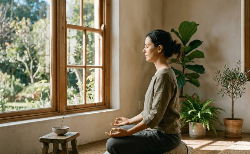 Woman meditating cross-legged on a cushion by a large window with indoor plants