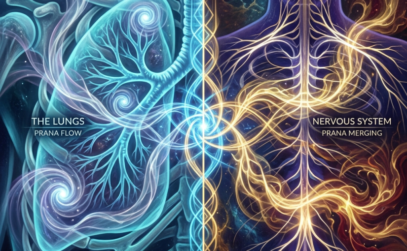 Visualization of lungs and nervous system with energy flows connecting them labeled 'The Lungs Prana Flow' and 'Nervous System Prana Merging'