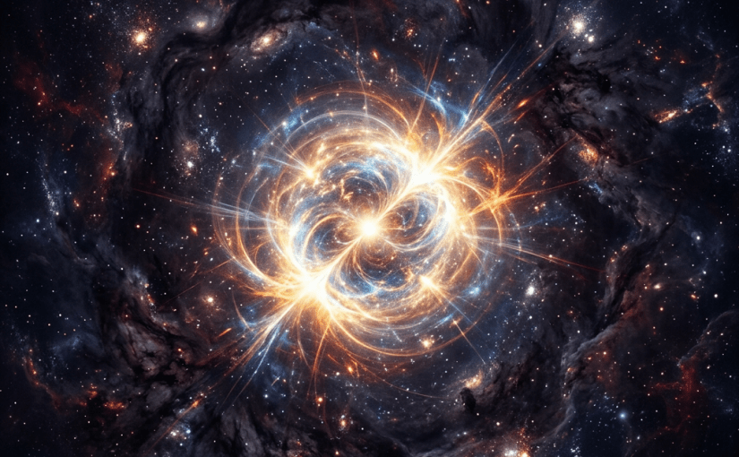 Bright cosmic explosion with swirling blue and orange light surrounded by dark space and distant stars