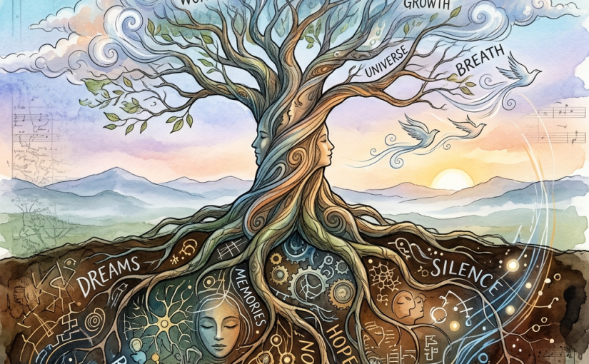 Tree with human faces in trunk, branches and roots labeled with words like wonder, connection, dreams, and insight.
